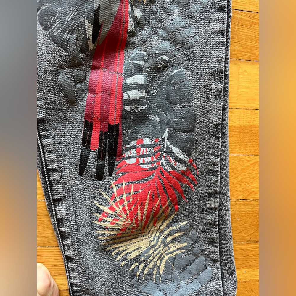 DG2 Diane Gilman macaw parrot black acid wash skinny stretch jeans 14 12 painted - Picture 3 of 7